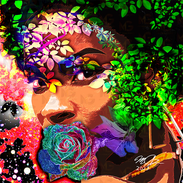 girl with flower on a colorful leafy background