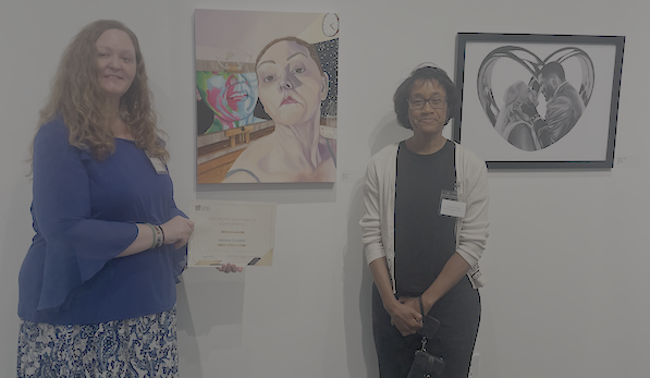 Melanie Scrudder (left) won first place in the 2025 Art Alumni Biennial Juried Exhibition. Also pictured is juror September Krueger