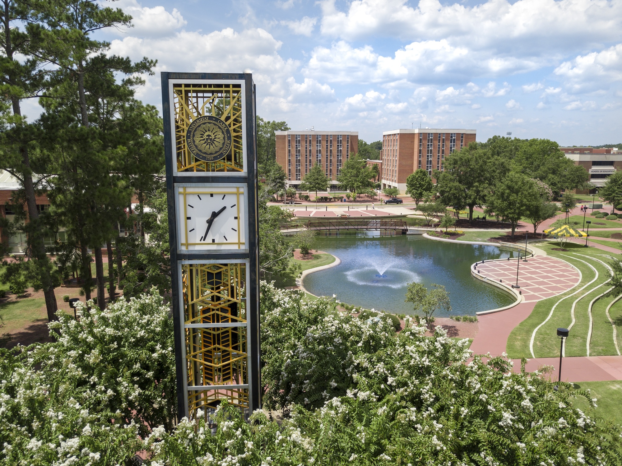 clocktower with water feature UNC Pembroke