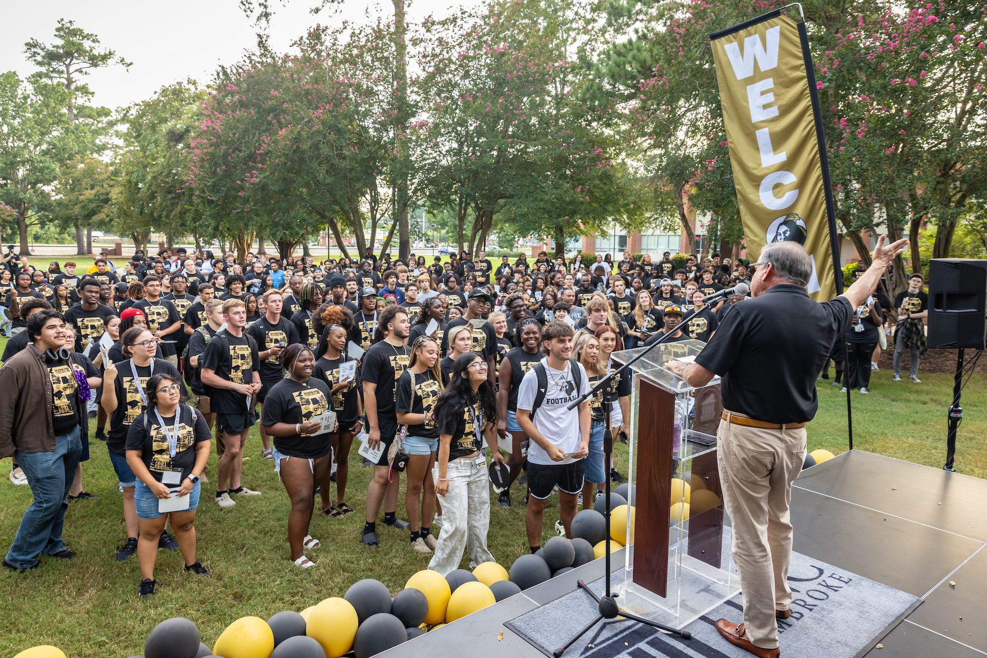 Chancellor Robin Gary Cummings speaks to the Class of 2029 during the traditional Brave Walk, which marked the beginning of their college journey.