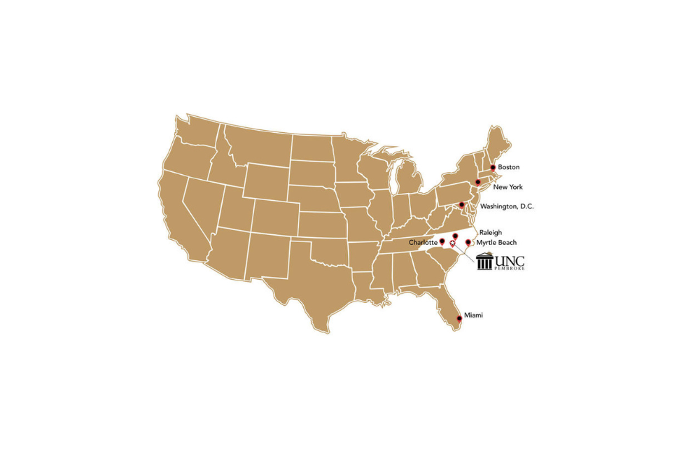 US map with a pin point of UNCP