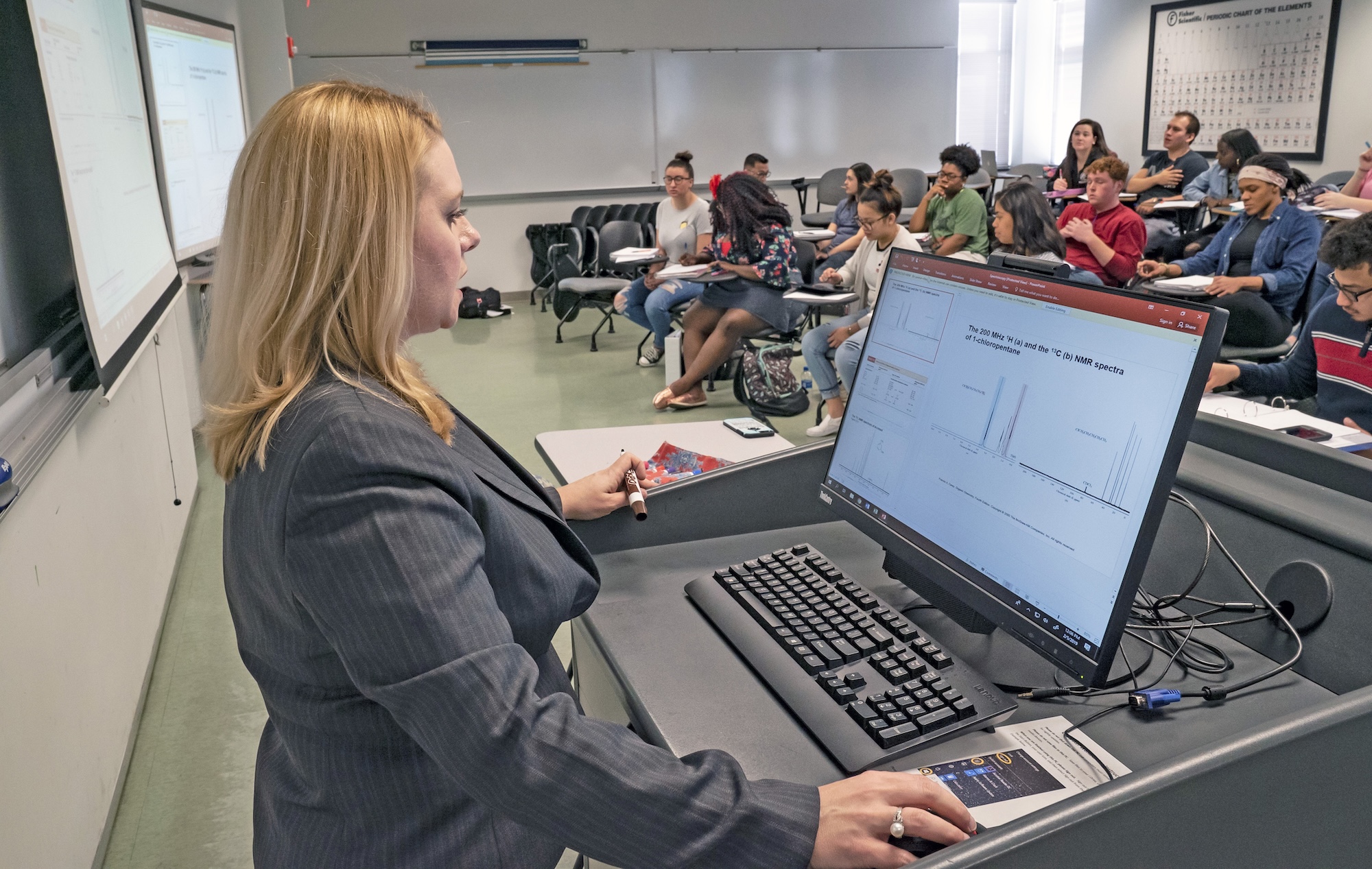 Rachel Smith organic chemistry classroom lecture with students in the Oxendine Science Building at UNC Pembroke.