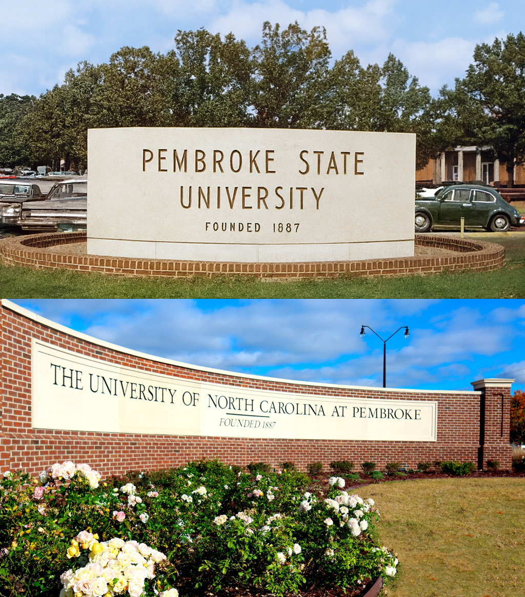 An old sign showing Pembroke State University and an image of the new UNCP campus entrance sign