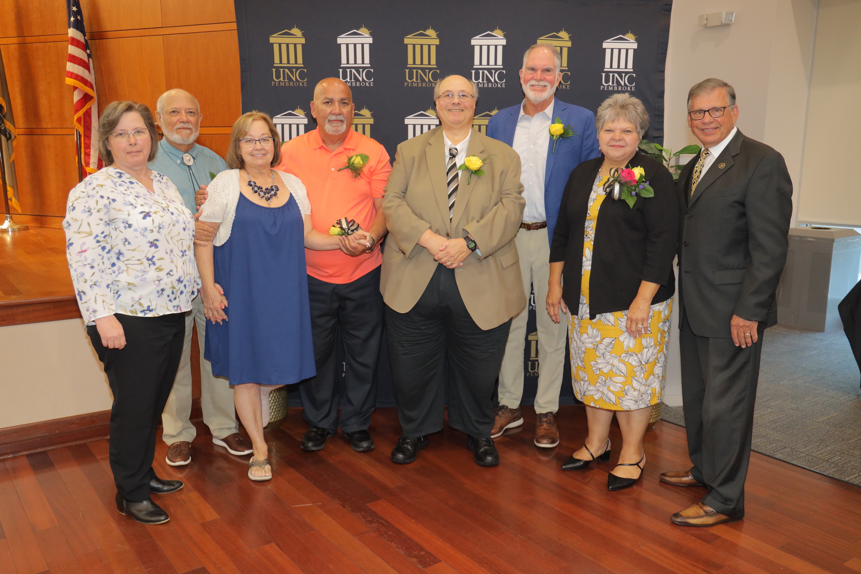 (left to right) Taylor Fields, Everette Strickland, Mary Parker, Mickey Hunt, Dr. Gary Mauk, John Haskins, Felicia Scott and Chancellor Robin Gary Cummings