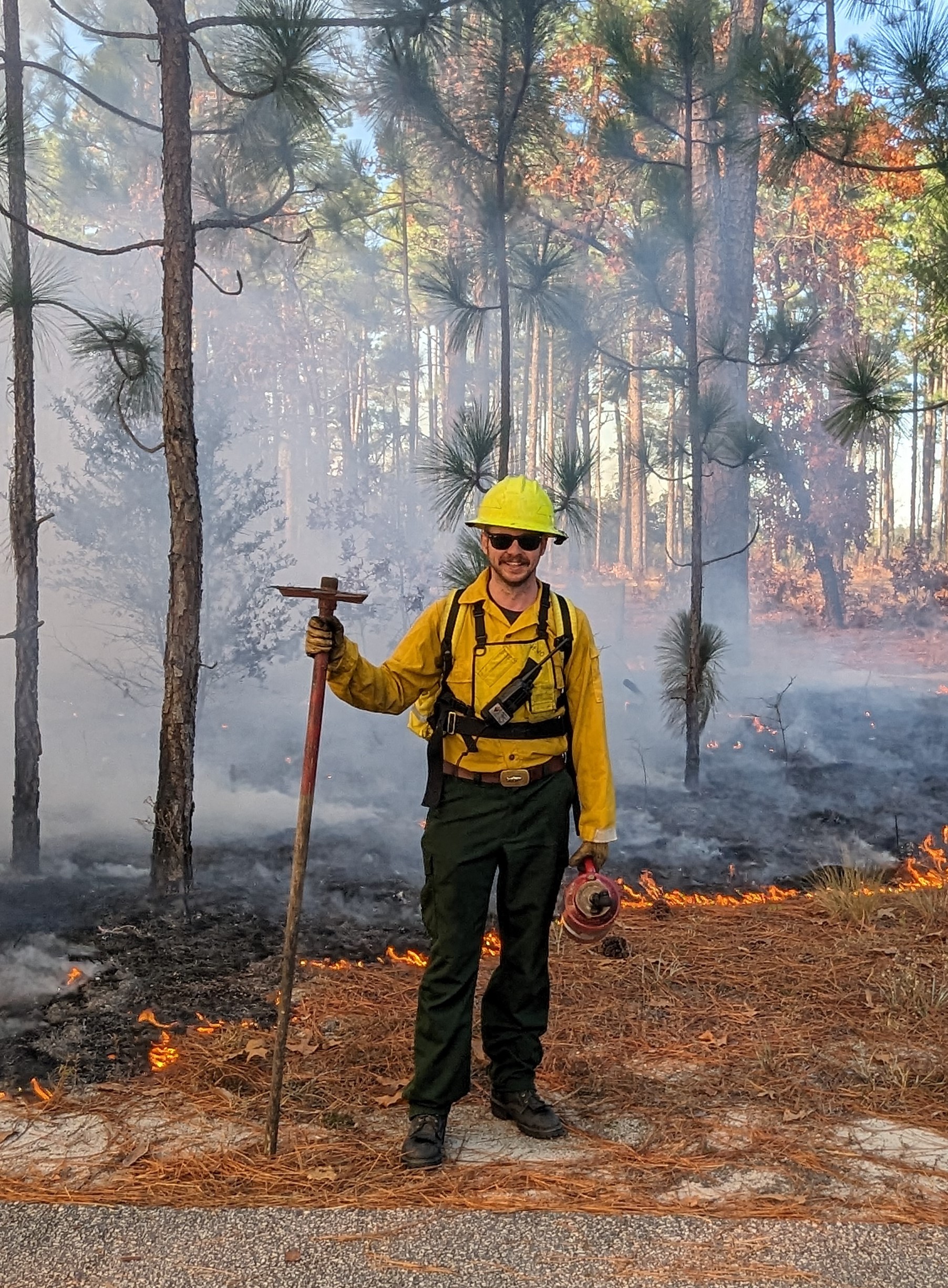 Zachary Lunn wearing fire gear as his ranger duties include prescribed fires.