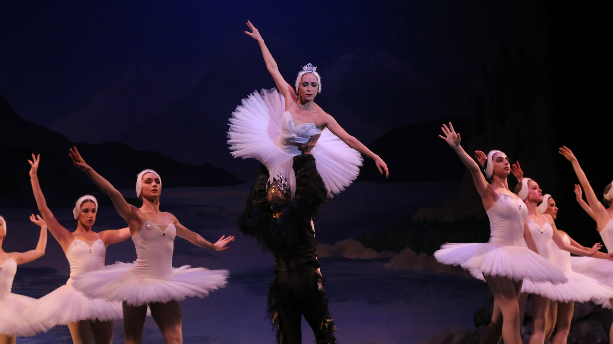 A ballerina is lifted into the air during a performance of Swan Lake in GPAC.
