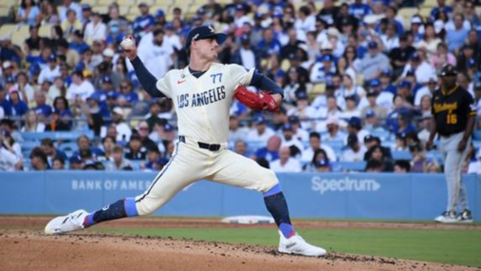 River Ryan stretches to pitch for the LA Dodgers