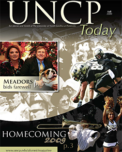 athletics, marching band, and the chancellor from the cover of the UNCP Today fall 2009 edition