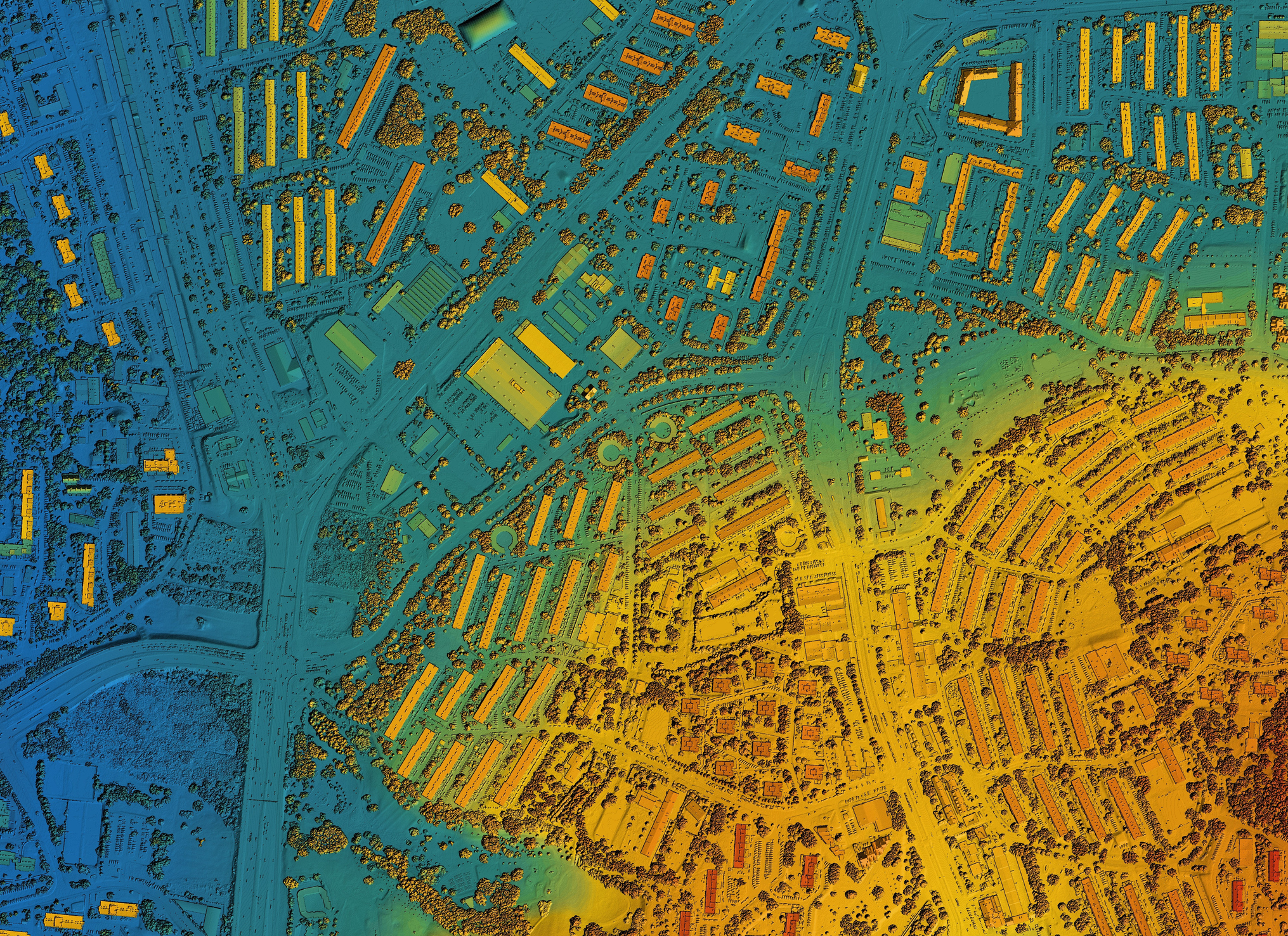 Digital elevation model of a n urban area with overlayed GIS information represented by color variation.