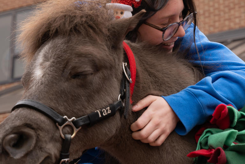 A UNCP student hugging a mini pony at a De-Stress Fest week