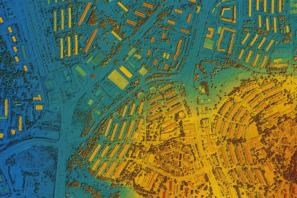 Digital elevation model of a n urban area with overlayed GIS information represented by color variation.
