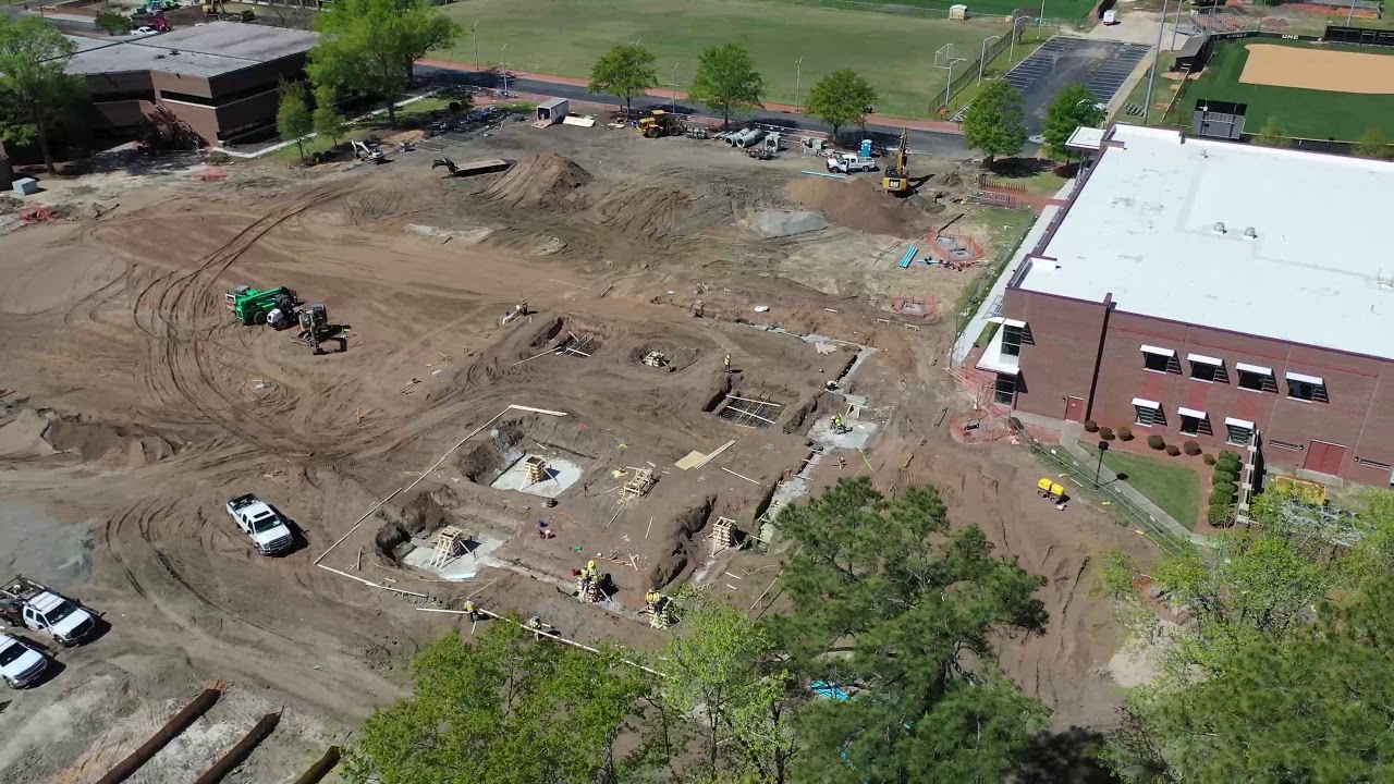 Drone view of a construction site for UNC Pembroke's James A. Thomas Hall, home of the Thomas College of Business & Economics