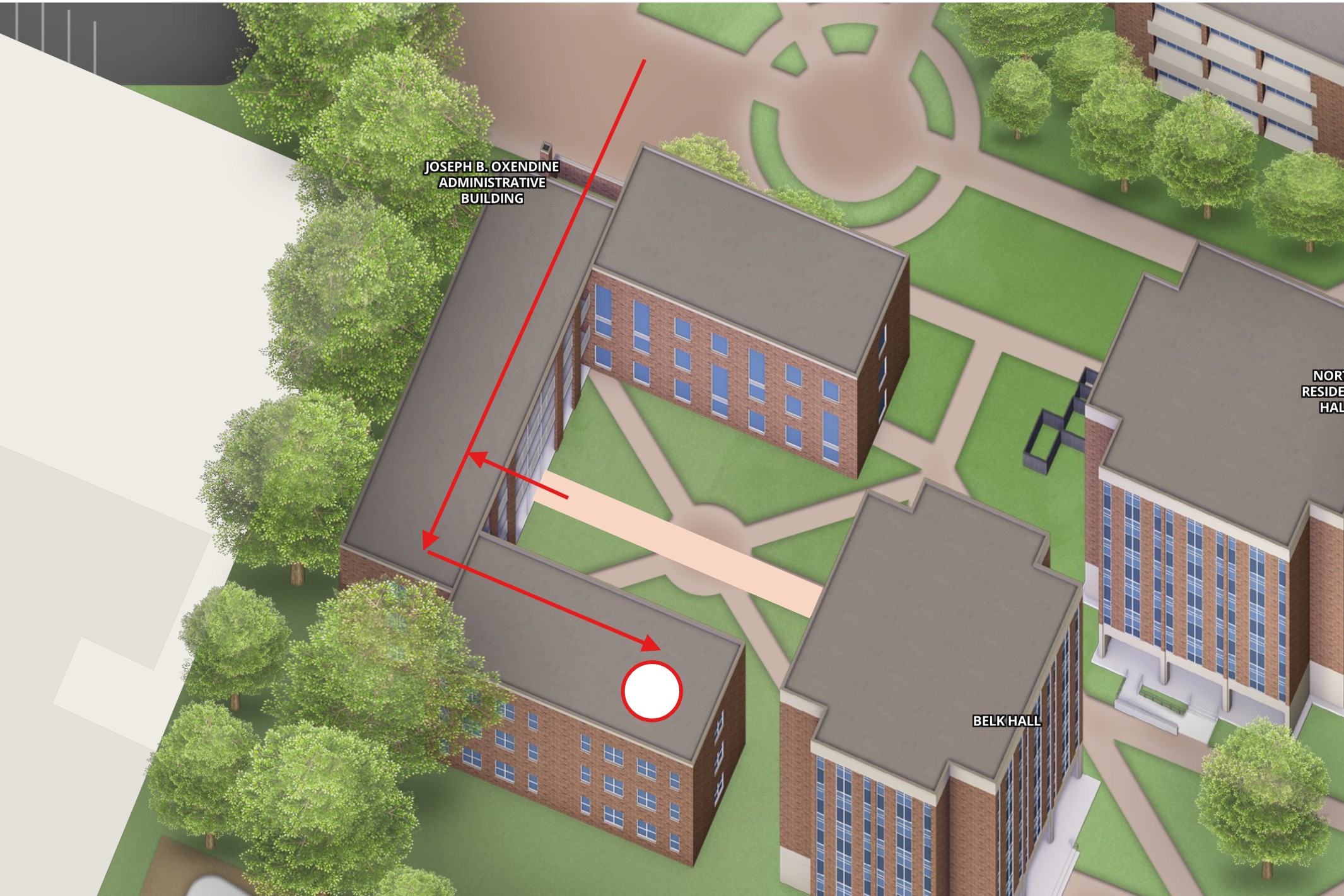 UNC Pembroke campus map overview of the J. B. Oxendine Administrative Building showing the paths inside the building to the Accessibility Resource Office.