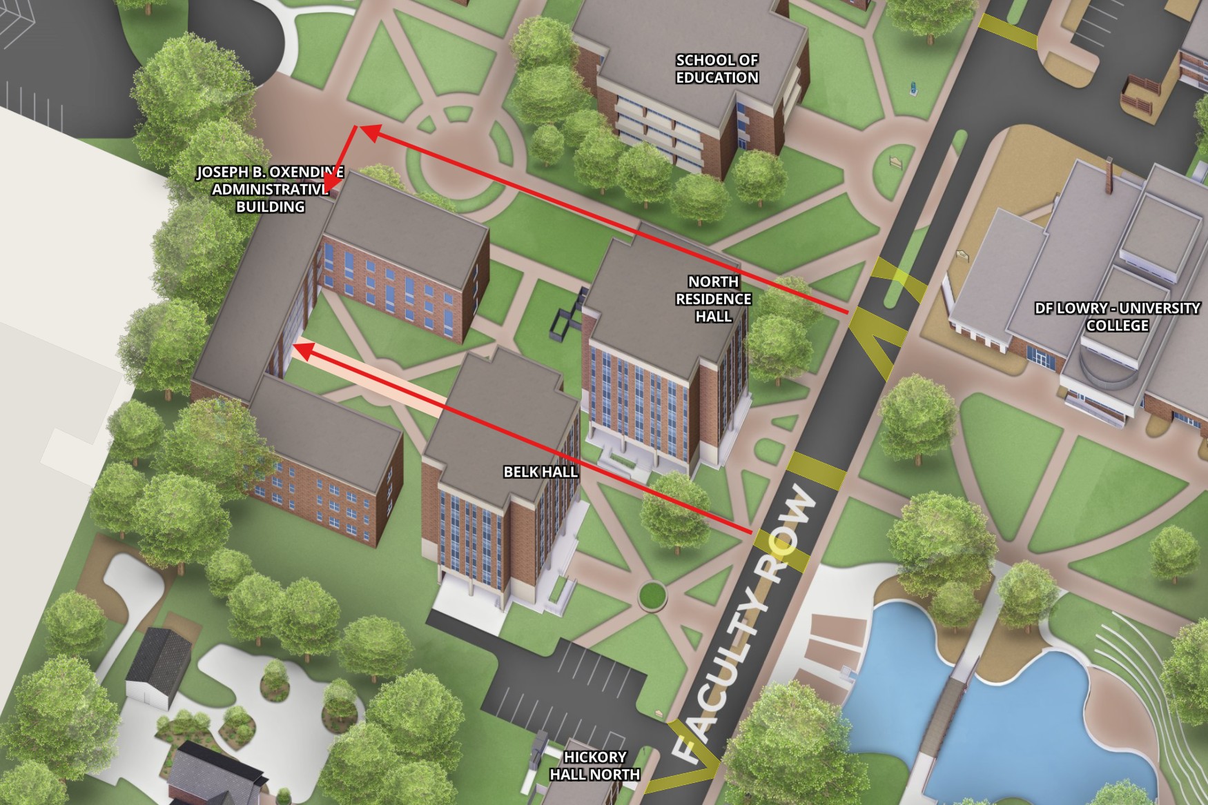 UNC Pembroke campus map section showing the location of J. B. Oxendine Administrative Building and the accessibility entrances.