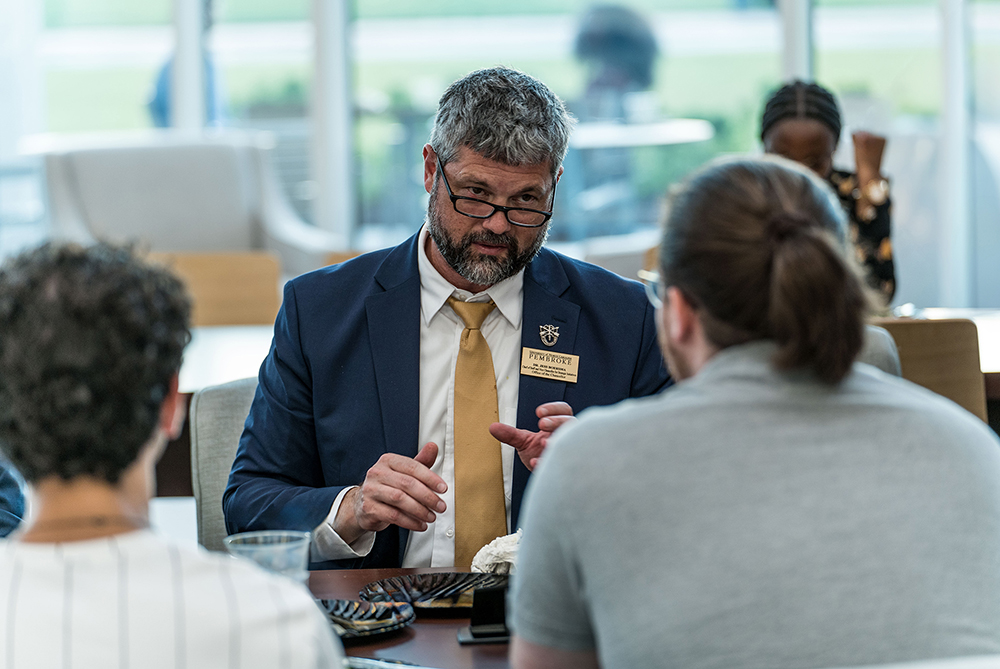 UNCP Chief of Staff Jess Boersma, PhD, leads a group talk