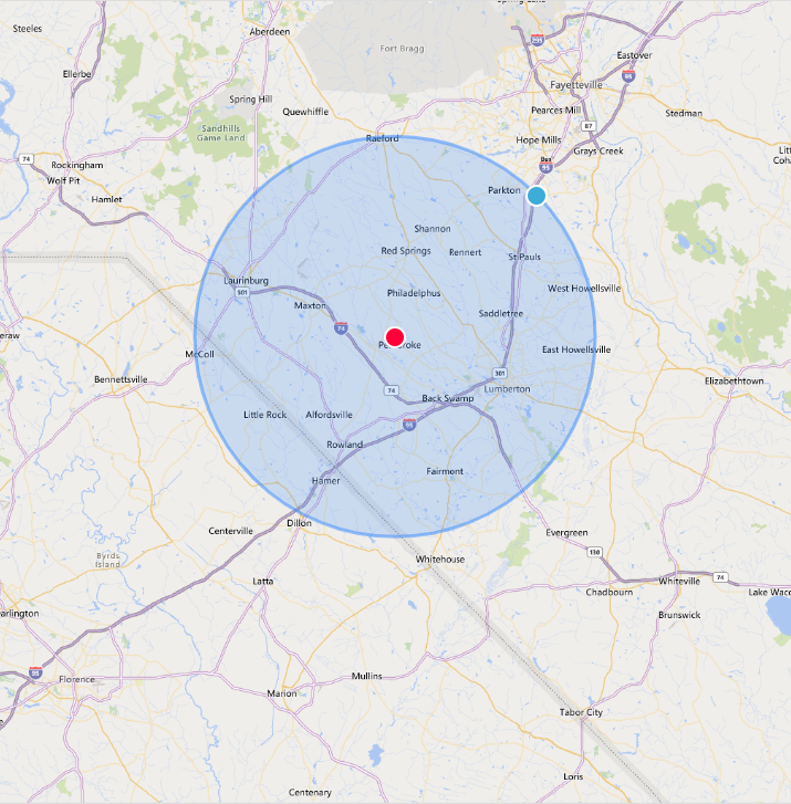 A map showing a 20-mile radius of campus