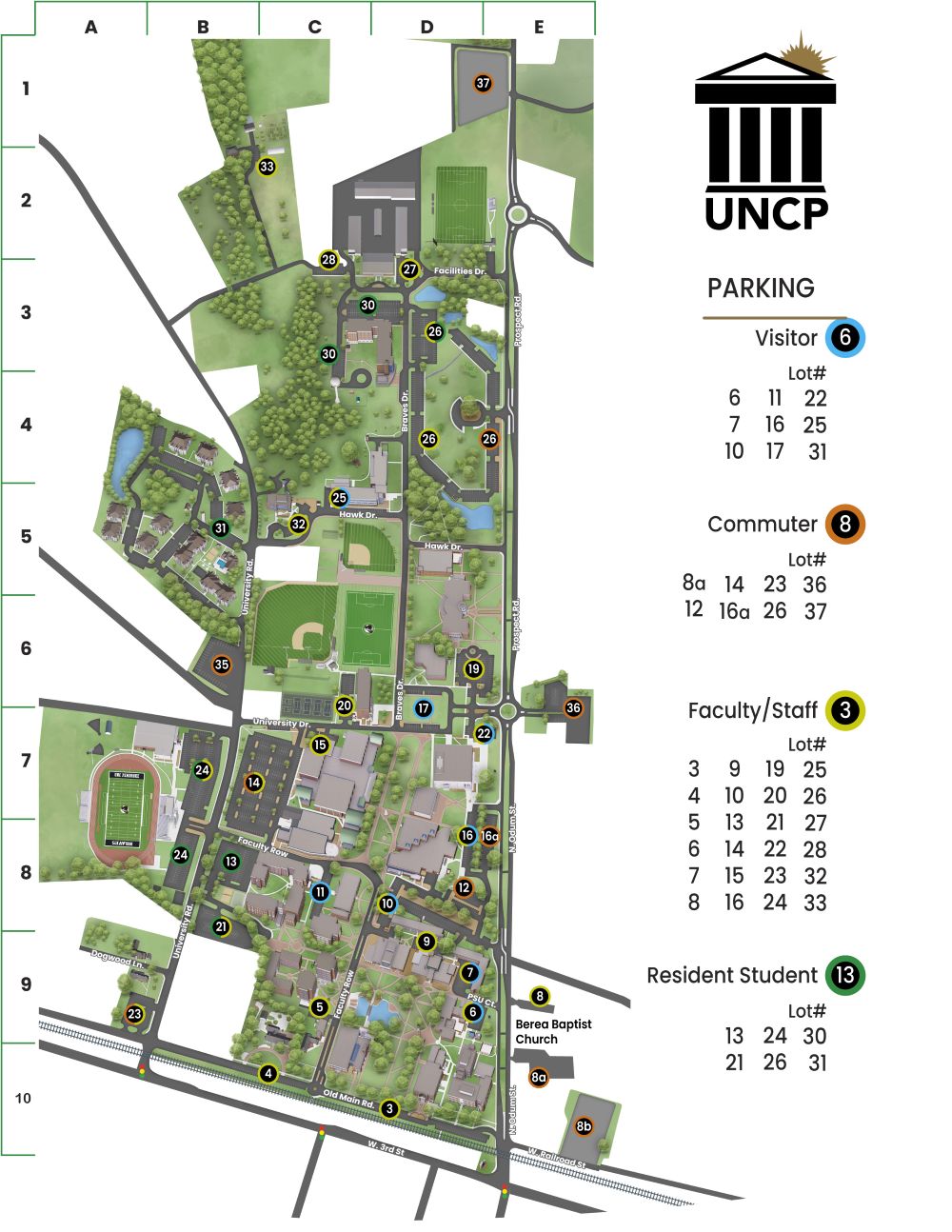 Thumbnail of UNC Pembroke Campus Map isolating parking lot numbers and designations.