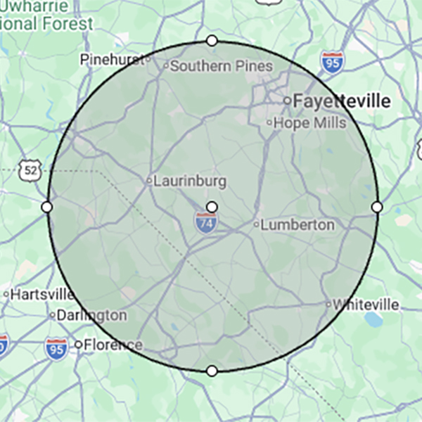 Map with a 40 mile radius centered on Pembroke, NC