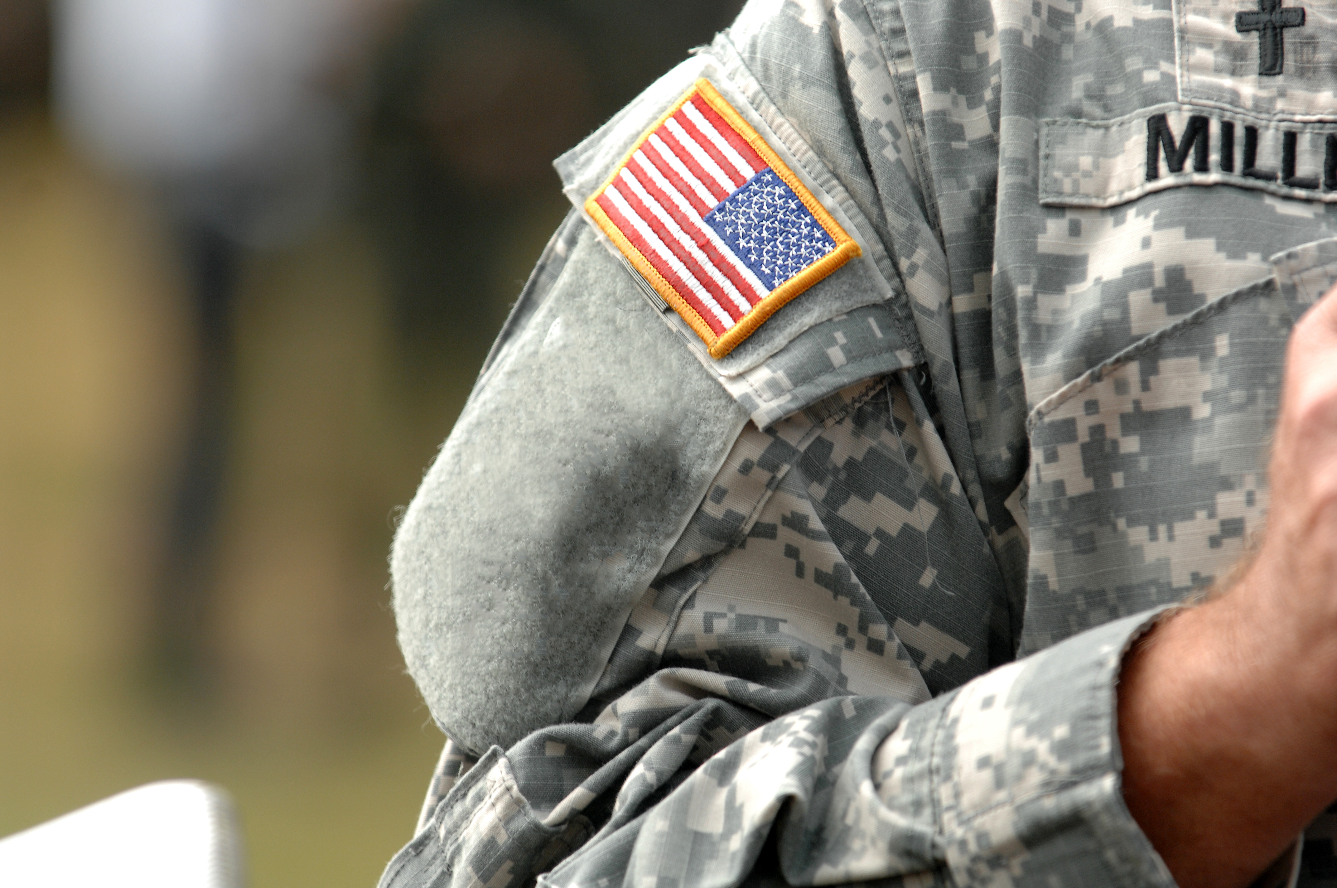 Military uniform sleeve displaying American flag