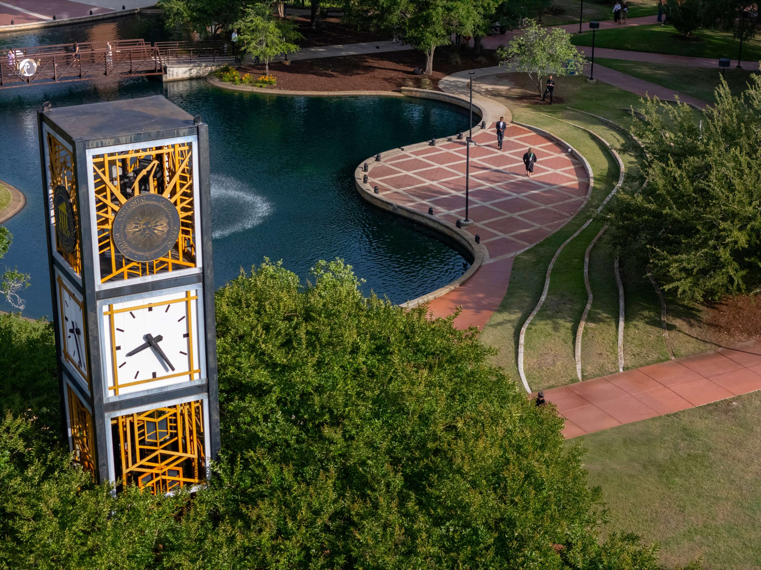 Drone view of the clock tower, water feature and amphitheatre at UNCP.